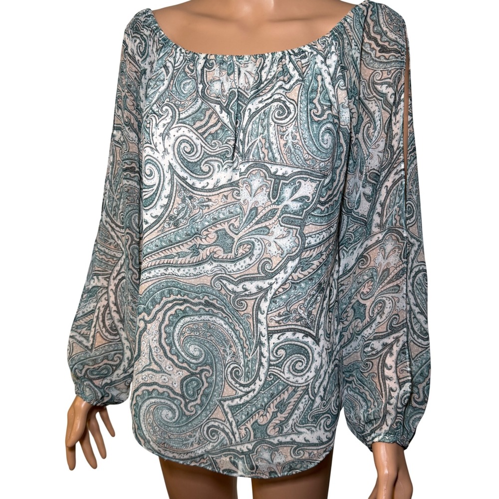 White House Black Market Womens Paisley Split Sleeve Blouse Teal Cream M WHBM